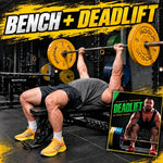 A man bench pressing with a barbell in a gym, with a large yellow and black 'BENCH + DEADLIFT' title across the top and a small inset showing a program cover titled 'DEADLIFT'. Visible barbell brands include Rogue and Matrix - Torokhtiy Weightlifting