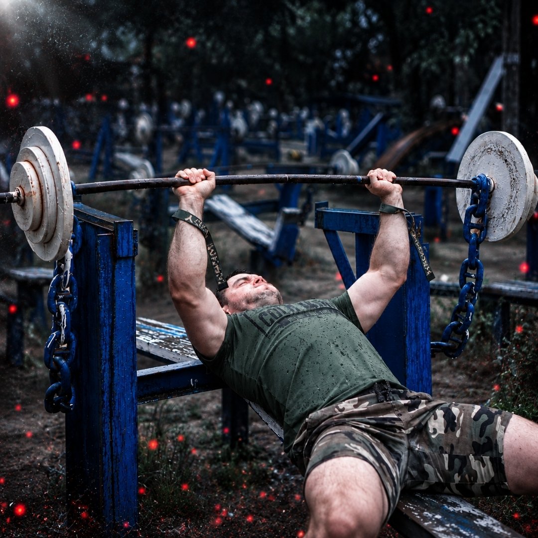 A man lies on a blue weight bench pressing a loaded barbell in an outdoor gym setting, wearing a dark green t-shirt and camouflage shorts. The background shows other gym equipment and trees, with red glowing light effects overlaid - Torokhtiy Weightlifting
