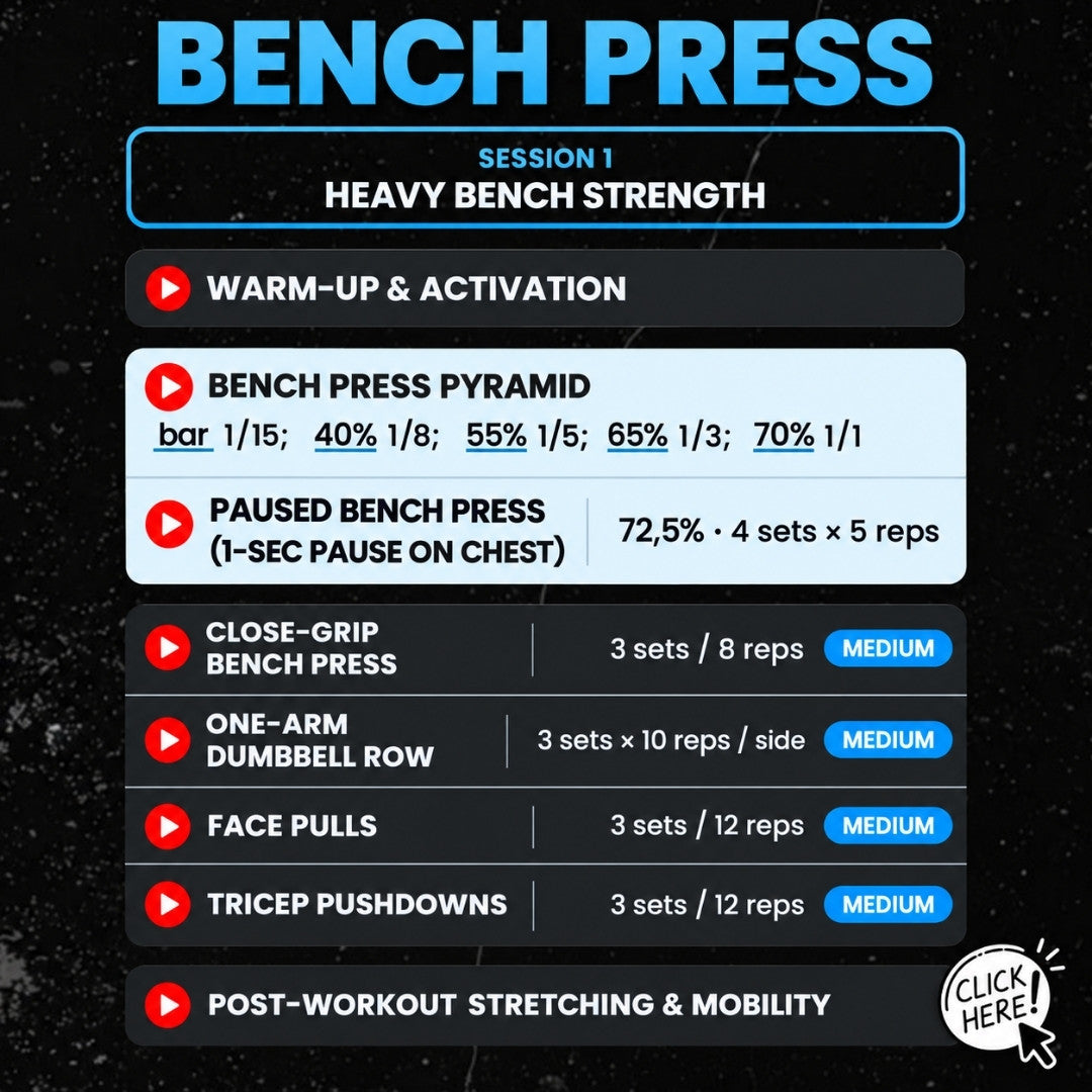 A black workout plan graphic titled 'BENCH PRESS' with blue and white text, outlining session 1 heavy bench strength exercises including warm-up, bench press pyramid, paused bench press, close-grip bench press, one-arm dumbbell row, face pulls, tricep pushdowns, and post-workout stretching on a starry black background - Torokhtiy Weightlifting