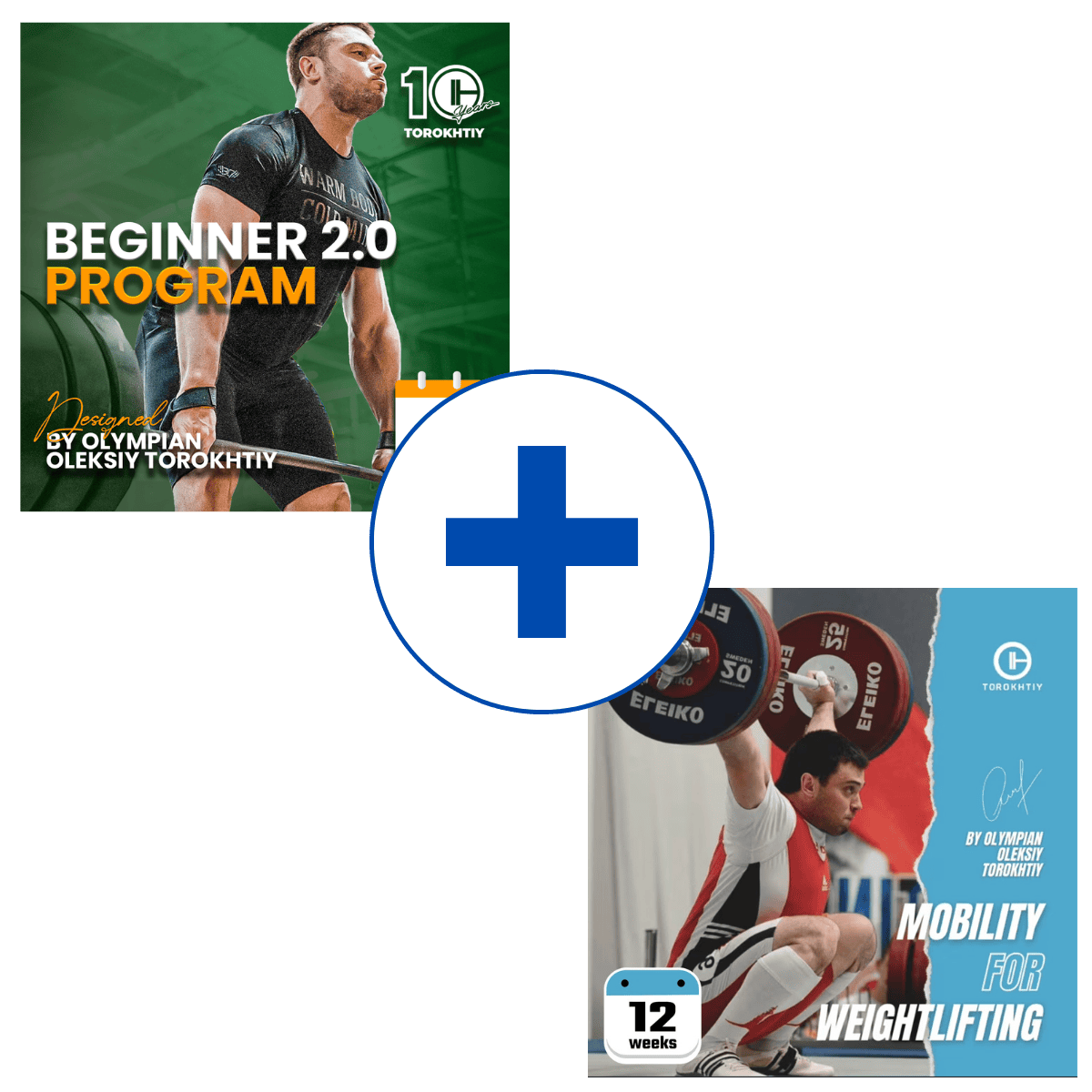 Advertisement for a weightlifting program from Oleksiy Torokhtiy' Beginner 2.0 Program' and 'Mobility for Weightlifting'