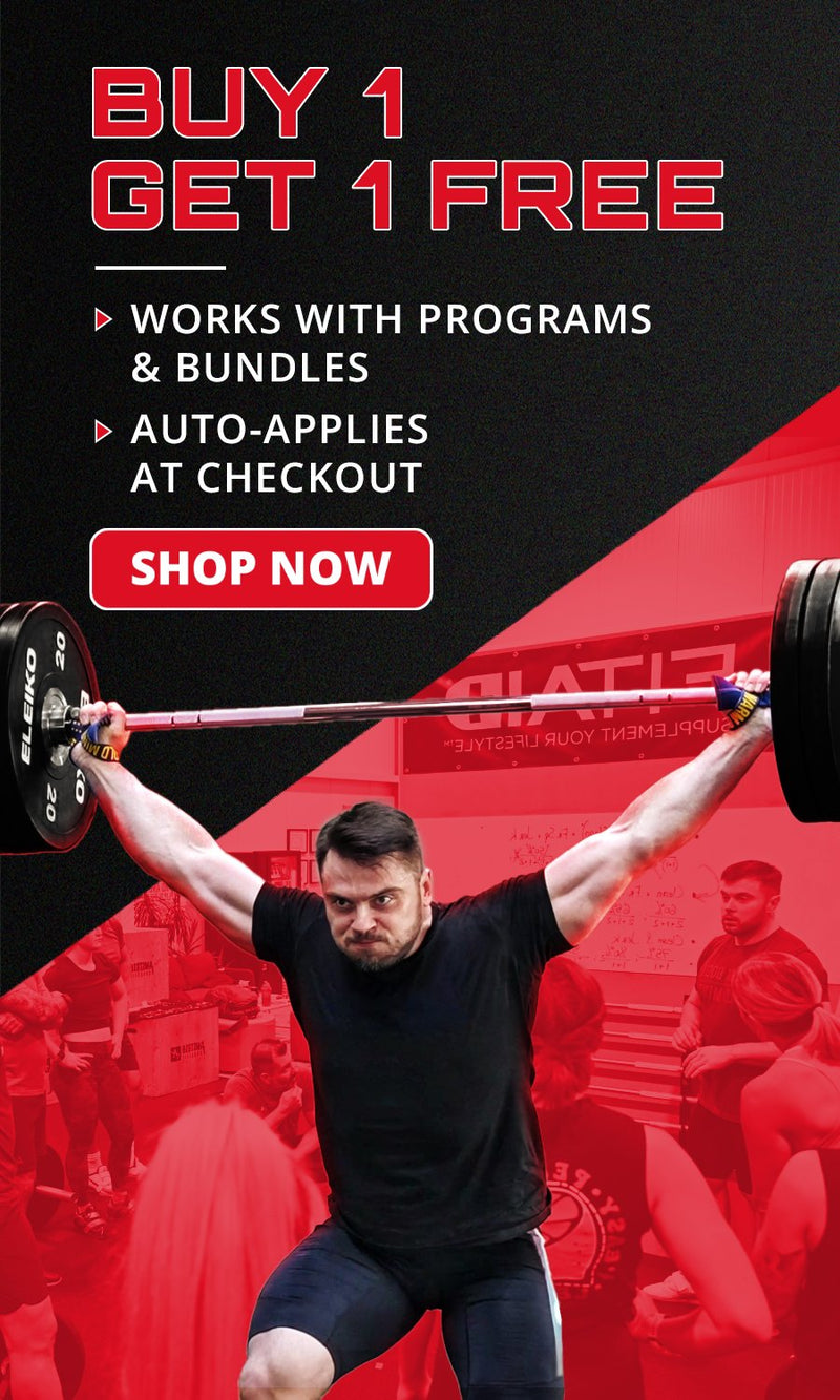 Man lifting weights with promotional text for 'Buy 1, Get 1 Free' offer on a red and black background (Torokhtiy Weightlifting)