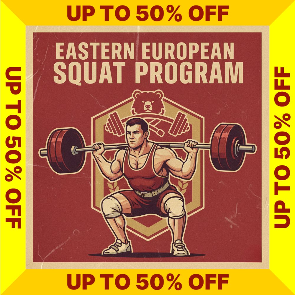 Eastern European Squat Program cover with a discount banner on a white background (Torokhtiy Weightlifting)