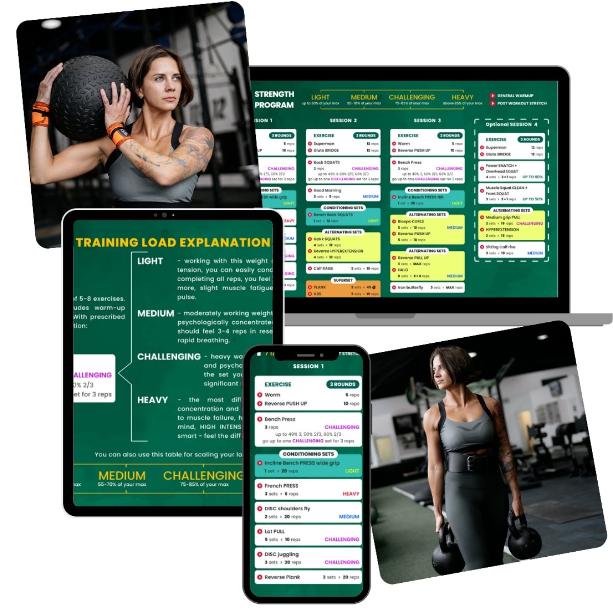 Collage of fitness training software on digital devices with images of a woman exercising (Torokhtiy Weightlifting)