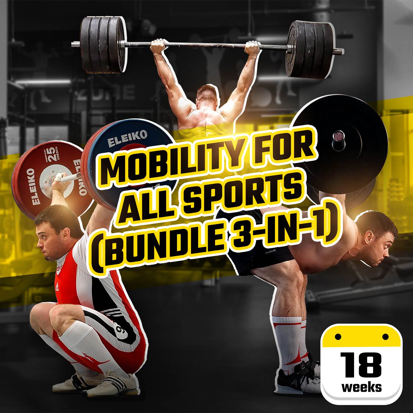 Cover for program called 'Mobility for All Sports Bundle (3-in-1)', featuring an athlete in a gym setting with weights and exercise equipment, highlighting the bundle's components which include a warm-up, stretches, and a cool-down routine. (Torokhtiy Weightlifting)
