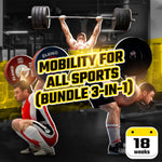 Cover for program called 'Mobility for All Sports Bundle (3-in-1)', featuring an athlete in a gym setting with weights and exercise equipment, highlighting the bundle's components which include a warm-up, stretches, and a cool-down routine. (Torokhtiy Weightlifting)