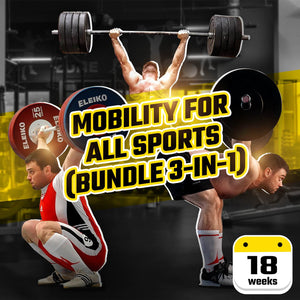 Cover for program called 'Mobility for All Sports Bundle (3-in-1)', featuring an athlete in a gym setting with weights and exercise equipment, highlighting the bundle's components which include a warm-up, stretches, and a cool-down routine. (Torokhtiy Weightlifting)