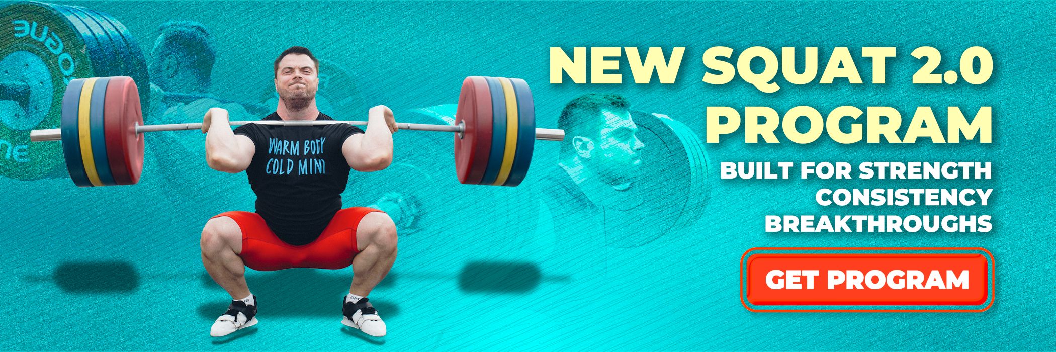 Weightlifter performing a squat with a barbell on a teal background, promoting a squat program by Olympian Oleksiy Torokhtiy