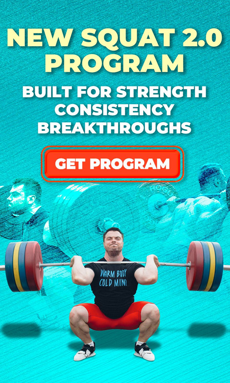 Weightlifter performing a squat with a barbell on a teal background, promoting a squat program by Olympian Oleksiy Torokhtiy
