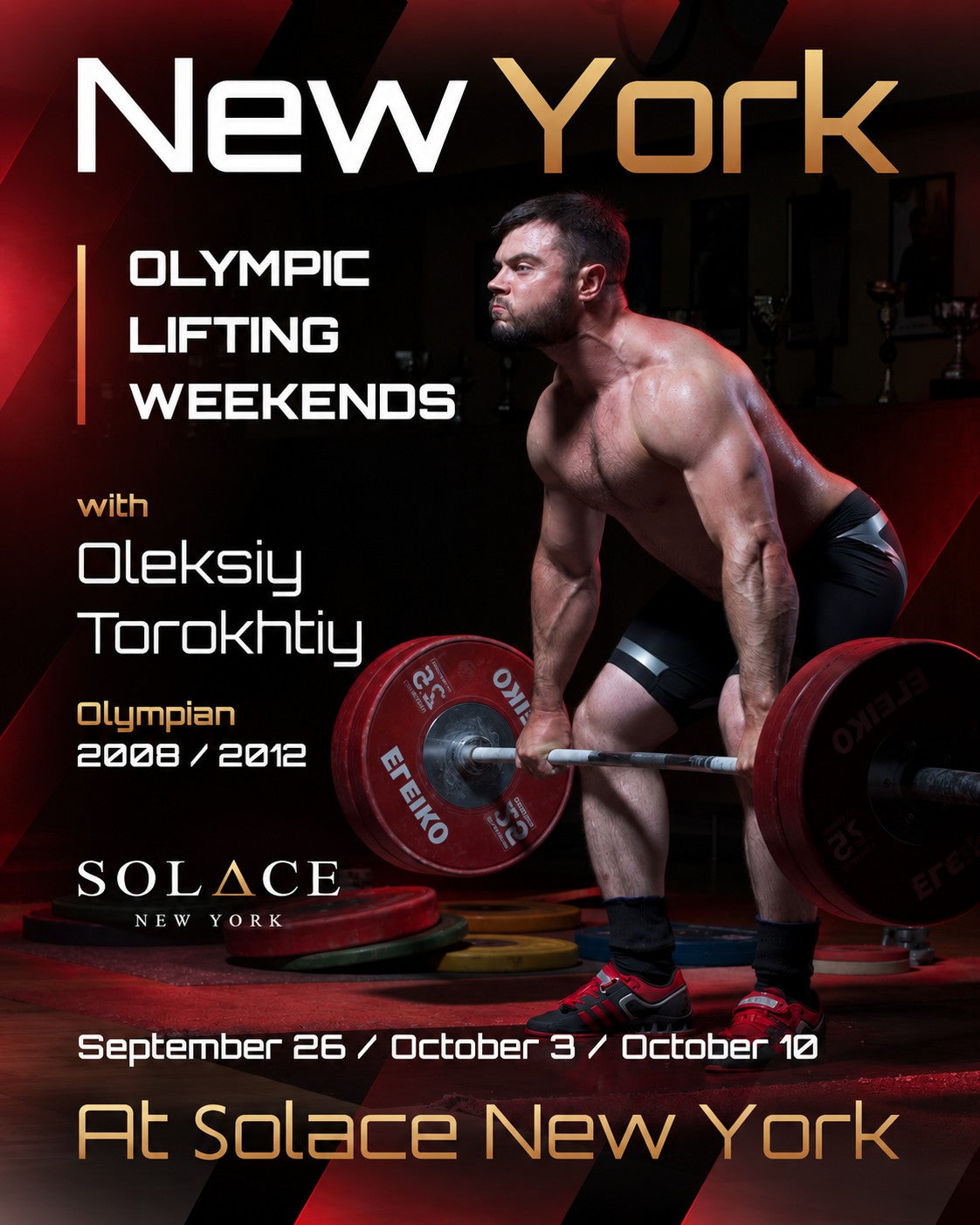 Promotional graphic for Solace New York Olympic Lifting Weekends, featuring a muscular man lifting a barbell with Olympic plates. The text highlights Oleksiy Torokhtyi and event dates September 26, October 3, and October 10.