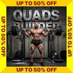 Quads Builder Program cover with a muscular man lifting weights, surrounded by 'Up to 50% Off' text on a yellow border. (Torokhtiy Weightlifting)