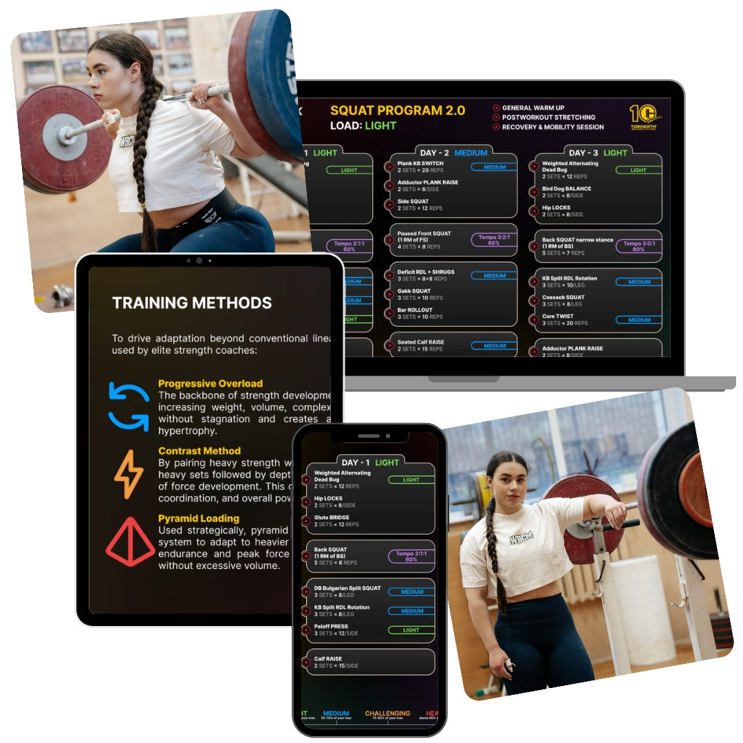 Collage of weightlifting training materials including a tablet, smartphone, and computer screen displaying workout programs and methods - Torokhtiy Weightlifting