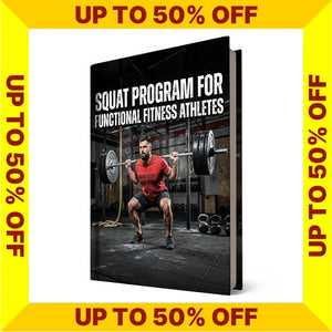 Book titled 'Squat Program for Functional Fitness Athletes' with promotional text on a yellow border (Torokhtiy Weightlifting)