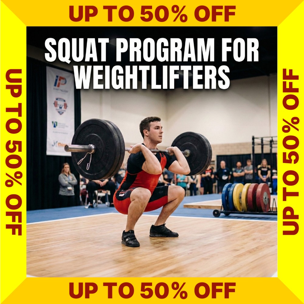 Squat Program for Weightlifters cover with promotional text on a yellow border (Torokhtiy Weightlifting)