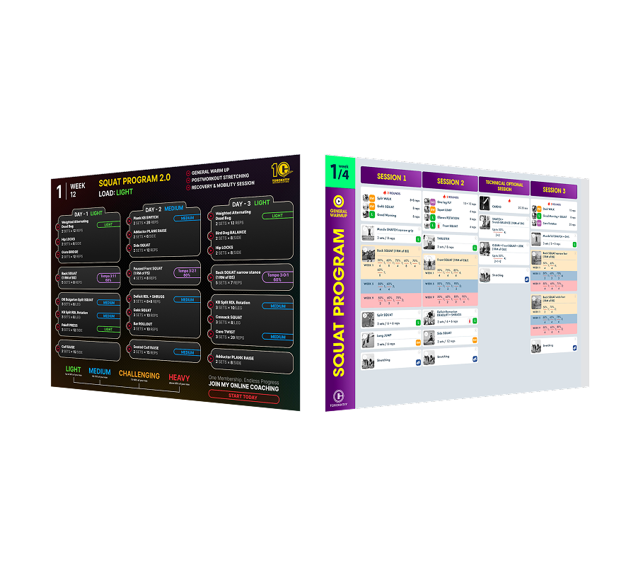 1st week of SQUAT 1.0 and SQUAT 2.0 programs on a white background (Torokhtiy Weightlifting)