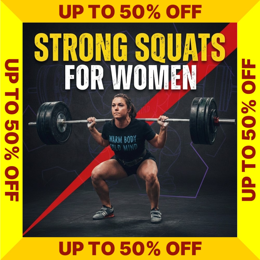 Strong Squats for Women Program with promotional text on a yellow border (Torokhtiy Weightlifting)