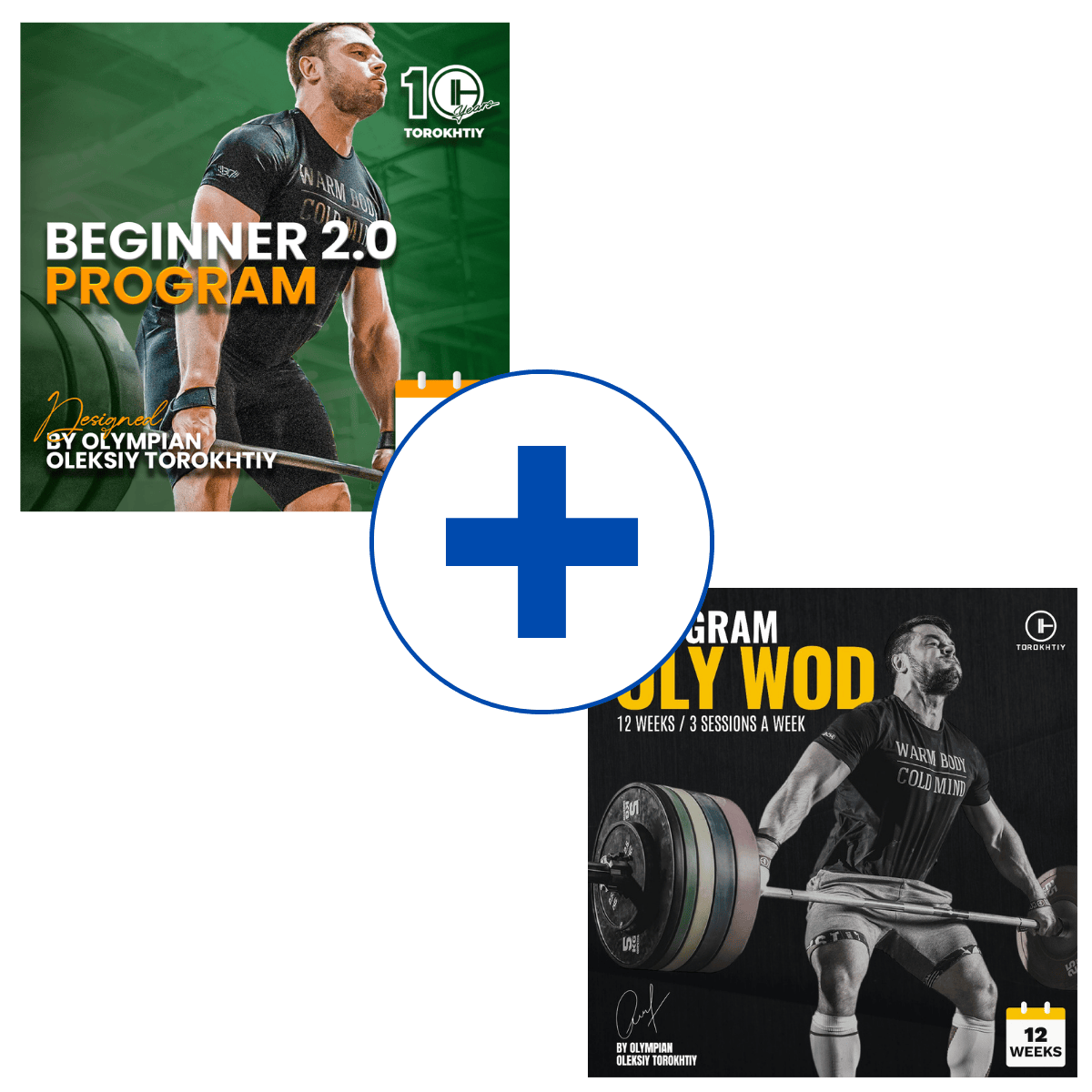 Advertisement for a fitness program with Oleksiy Torokhtiy lifting weights and promotional text on a green background