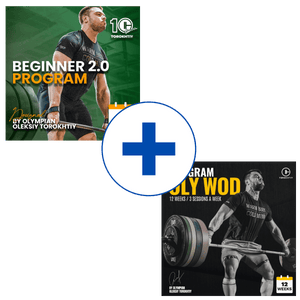 Advertisement for a fitness program with Oleksiy Torokhtiy lifting weights and promotional text on a green background