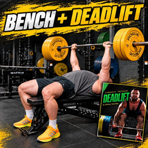 A man bench pressing with a barbell in a gym, with a large yellow and black 'BENCH + DEADLIFT' title across the top and a small inset showing a program cover titled 'DEADLIFT'. Visible barbell brands include Rogue and Matrix - Torokhtiy Weightlifting