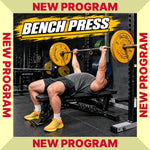 Promotional graphic for a 'Bench Press' program, featuring a man performing a bench press with a barbell loaded with yellow Rogue plates in a gym. The graphic has a beige border with red text reading 'NEW PROGRAM' on the left and right sides, and 'NEW PROGRAM' at the top and bottom - Torokhtiy Weightlifting