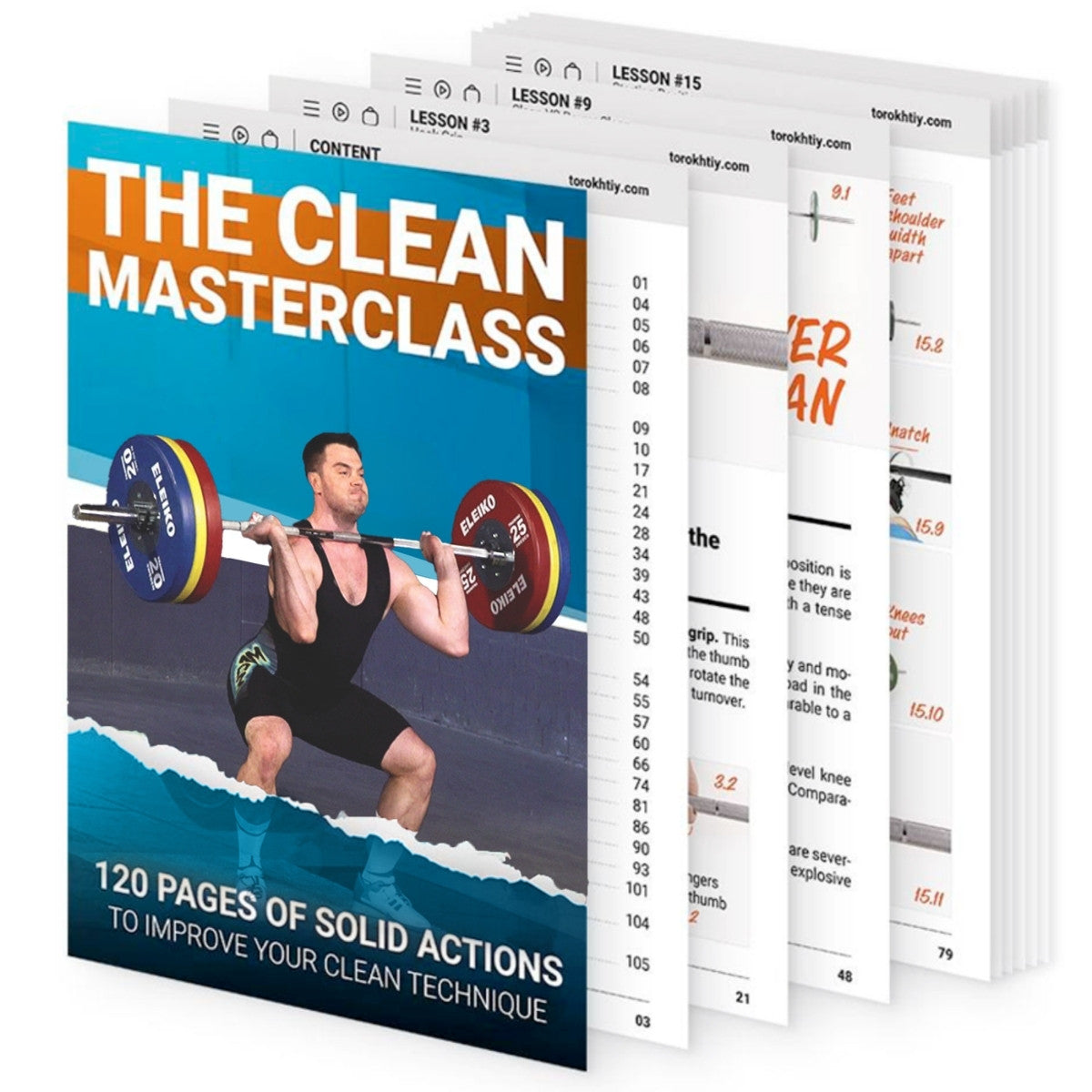 Book titled 'The Clean Masterclass' with a weightlifter on the cover, displayed with open pages showing text  (Torokhtiy Weightlifting)