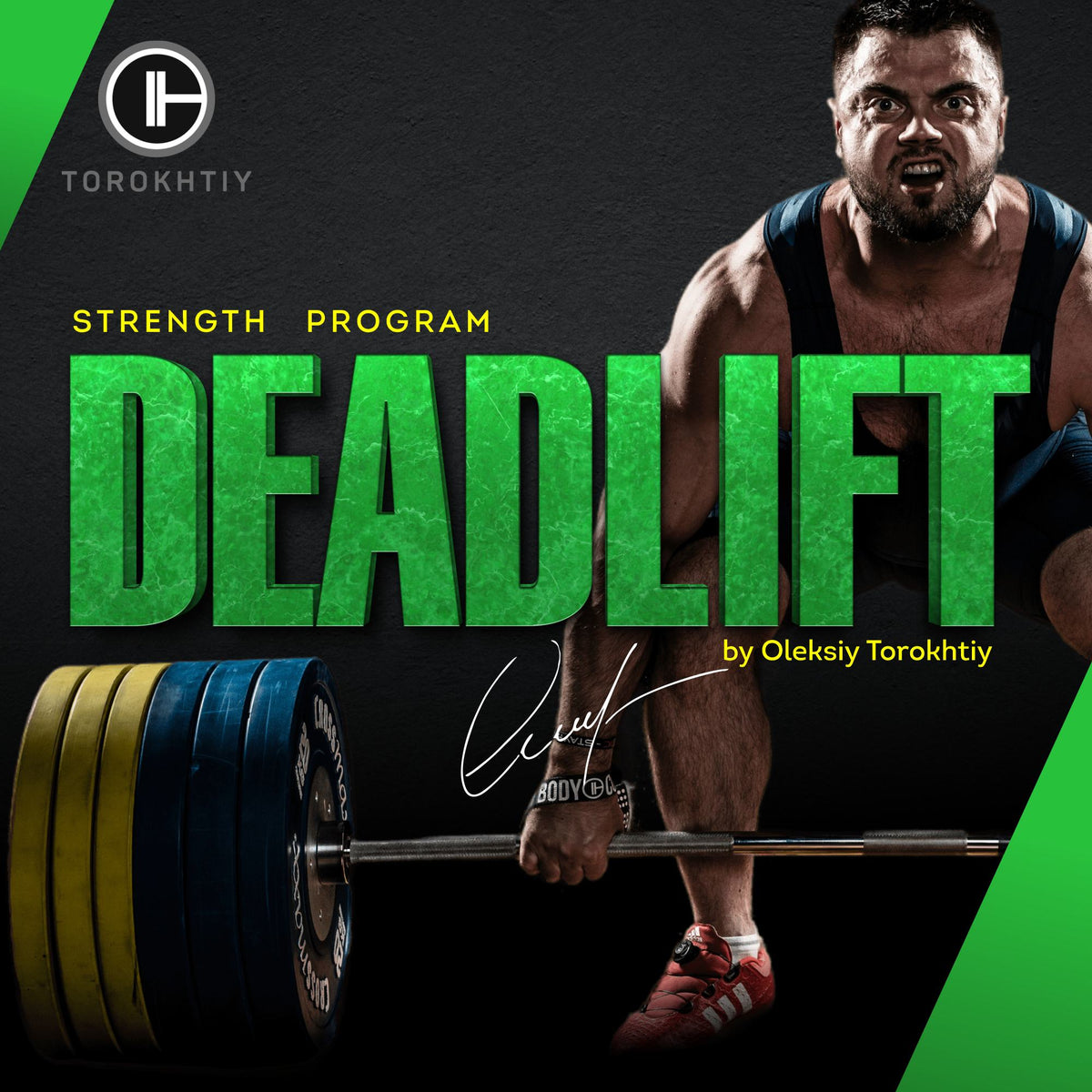 Cover for a Deadlift Strength Program featuring a weightlifter with barbell, emphasizing muscle strength and fitness (Torokhtiy Weightlifting)