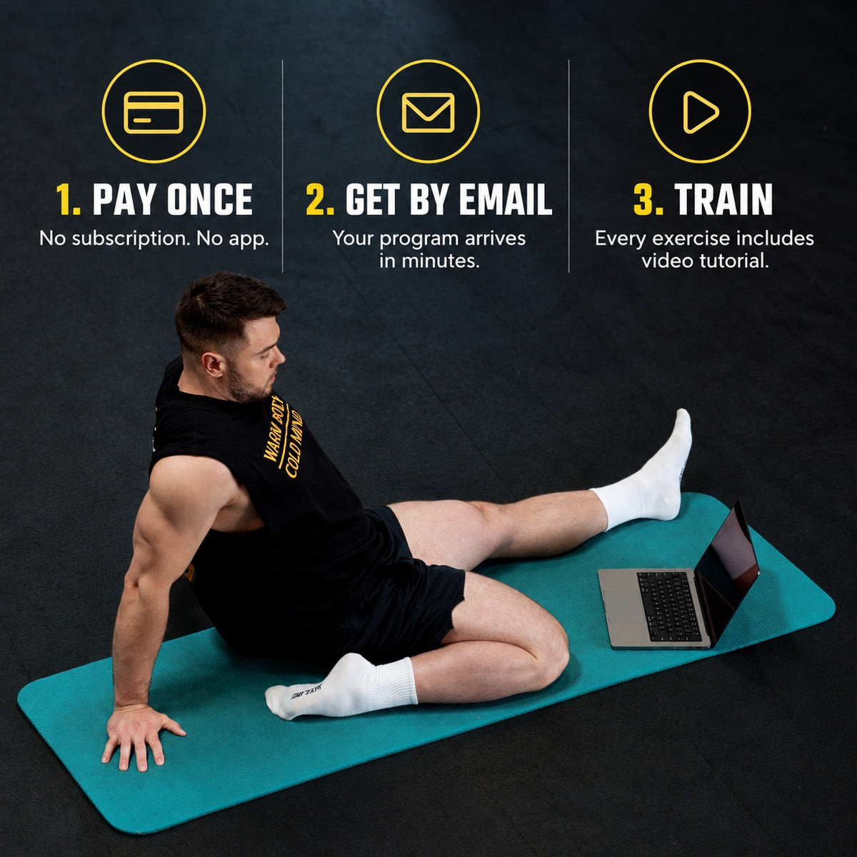 A man in a black sleeveless shirt and shorts sits on a teal exercise mat on a dark gym floor, with a laptop beside him. Three yellow text callouts at the top - Torokhtiy Weightlifting