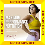Cover for maximum performance nutrition program with a woman in athletic wear and promotional text  - SALE UP TO 50% OFF (Torokhtiy Weightlifting)