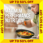 Cover for Maximum Performance Nutrition program with a person cooking vegetables and promotional  - SALE UP TO 50% OFF (Torokhtiy Weightlifting)text on a yellow border.