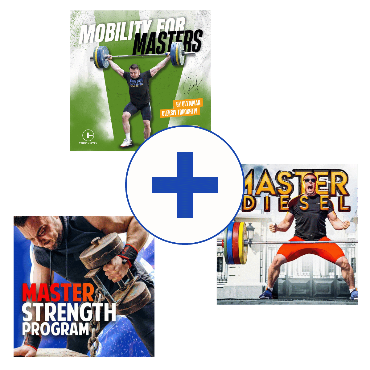 Three olympic weightlifting program with the text 'Mobility for Masters', 'Master Diesel', and 'Master Strength Program
