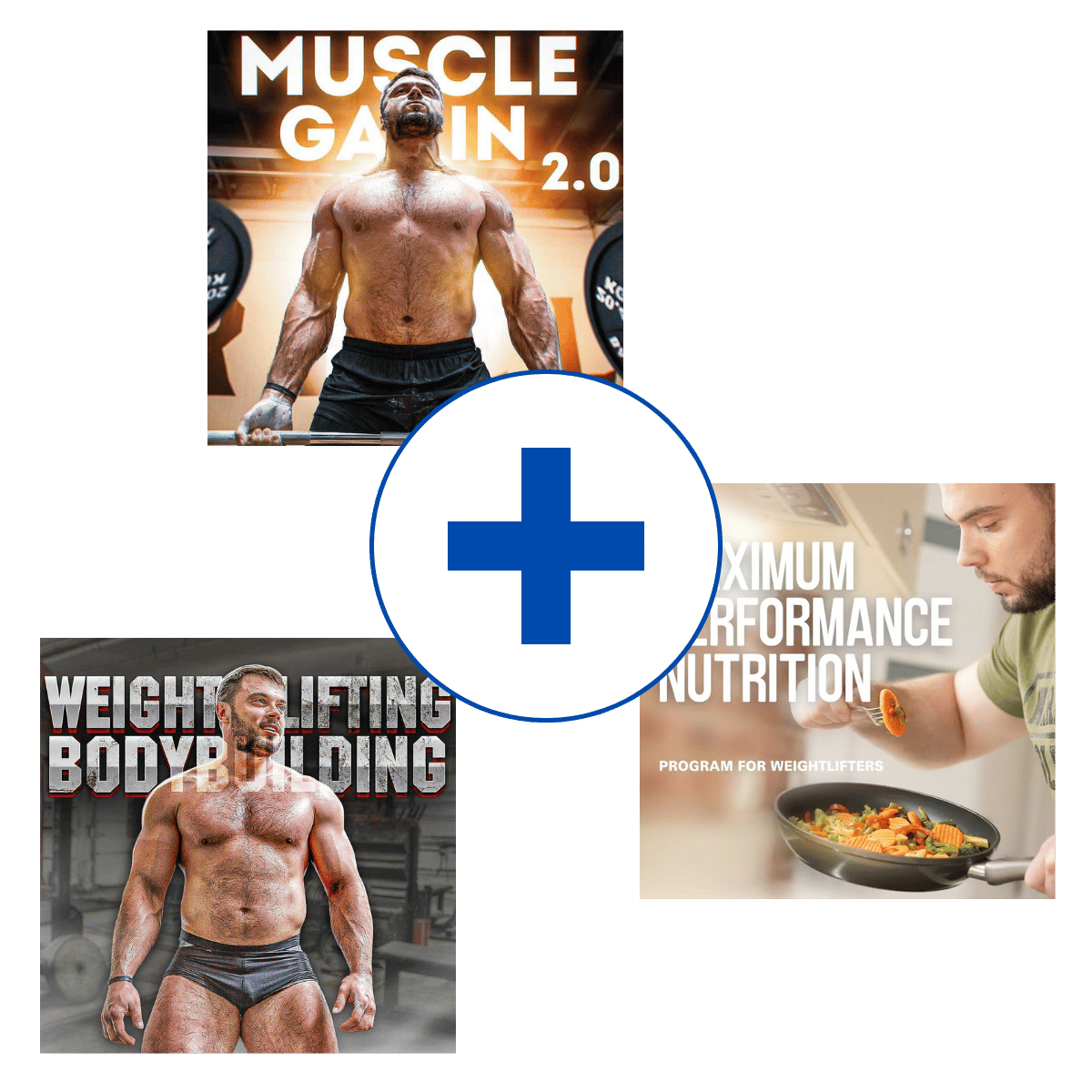 A bundle of olympic weightlifting program including a muscle gain guide, featuring images of weightlifters in action.