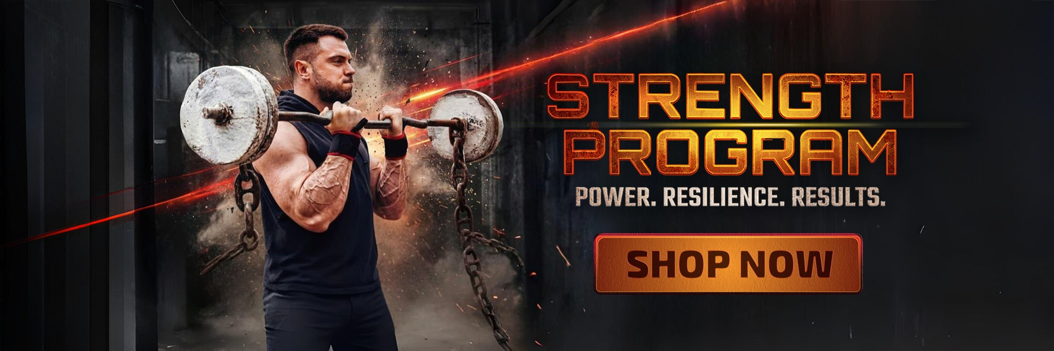 Man lifting weights with 'Strength Program' text and call to action on a dark background (Torokhtiy Weightlifting)