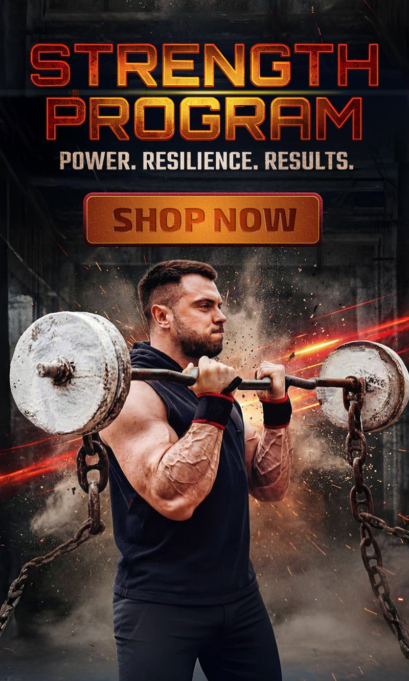 Man lifting weights with 'Strength Program' text and call to action on a dark background (Torokhtiy Weightlifting)