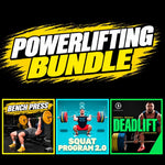 Promotional graphic for a powerlifting bundle, featuring a large yellow and white 'POWERLIFTING BUNDLE' title on a black background, with three smaller program panels below: Bench Press, Squat Program 2.0, and Deadlift - Torokhtiy Weightlifting