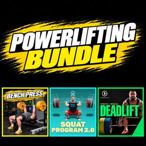 Promotional graphic for a powerlifting bundle, featuring a large yellow and white 'POWERLIFTING BUNDLE' title on a black background, with three smaller program panels below: Bench Press, Squat Program 2.0, and Deadlift - Torokhtiy Weightlifting