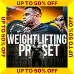 Cover for Weightlifting PR SET program with Oleksiy Torokhtiy standing with a barbell  - SALE UP TO 50% OFF text on a yellow border (Torokhtiy Weightlifting)