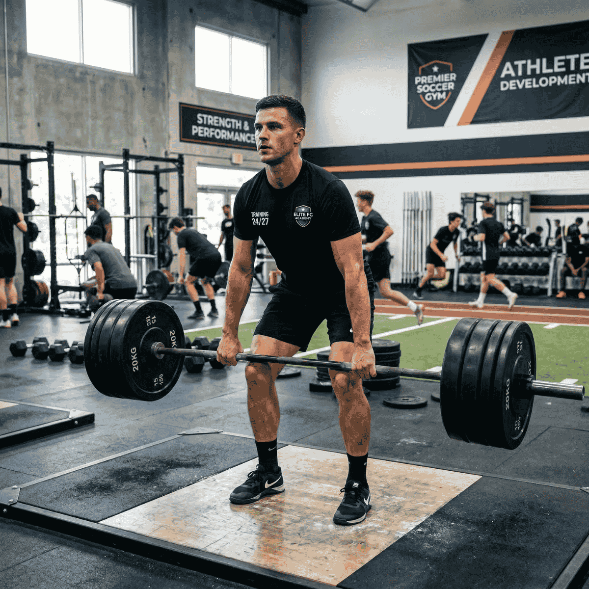 Man lifting weights in a gym setting with various equipment and people in the background.