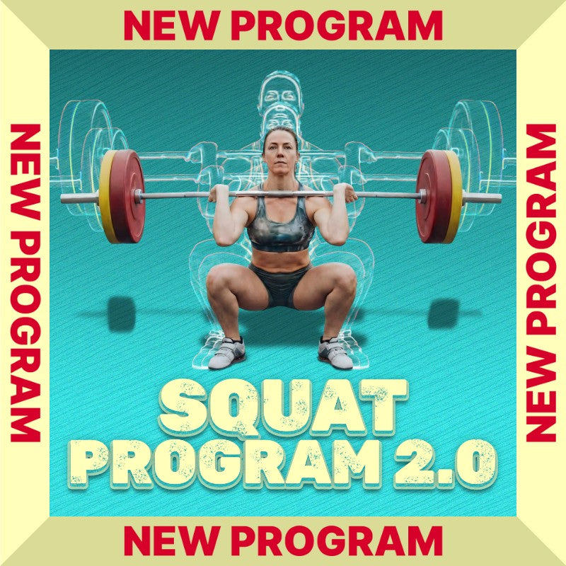 Weightlifter performing a squat with a barbell on a teal background, promoting a squat program (female version) by Olympian Oleksiy Torokhtiy