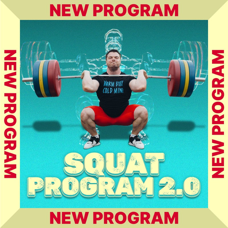 Weightlifter performing a squat with a barbell on a teal background, promoting a squat program by Olympian Oleksiy Torokhtiy