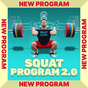 Weightlifter performing a squat with a barbell on a teal background, promoting a squat program by Olympian Oleksiy Torokhtiy