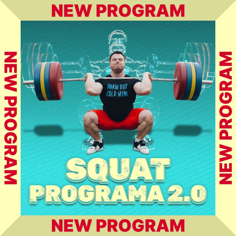 Weightlifter performing a squat with a barbell on a teal background, promoting a squat program by Olympian Oleksiy Torokhtiy
