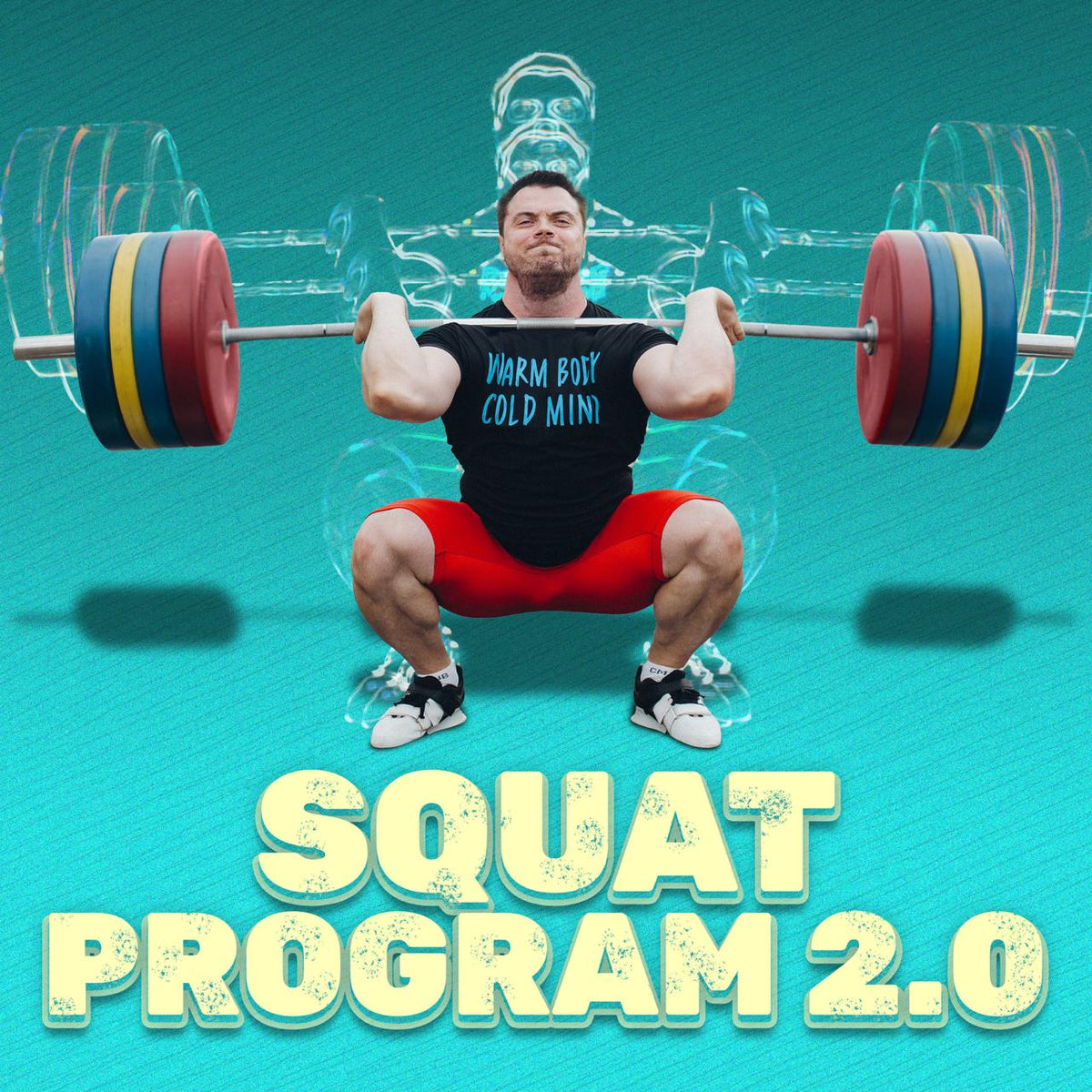 Weightlifter performing a squat with a barbell on a teal background, promoting a squat program by Olympian Oleksiy Torokhtiy
