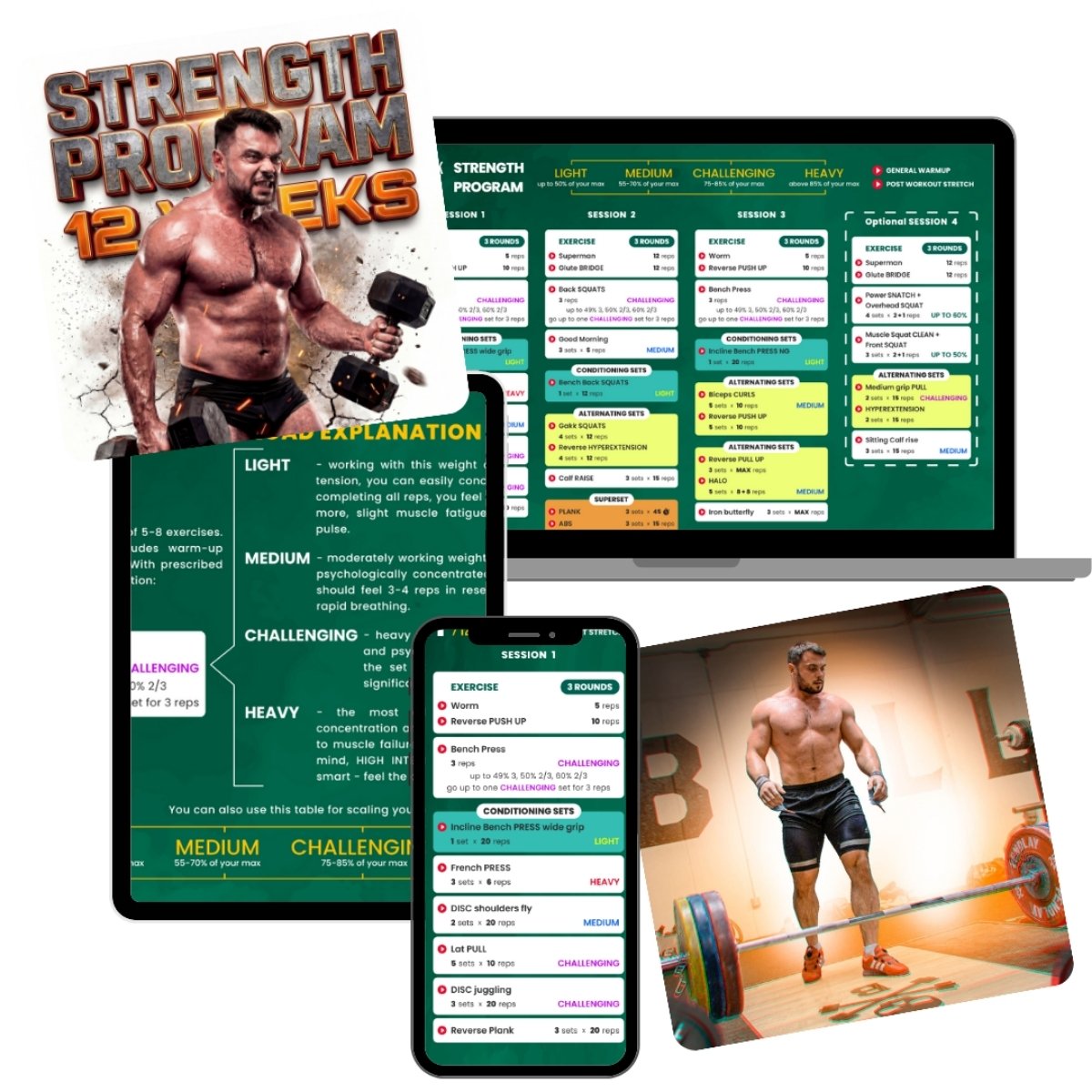 Strength program materials including a laptop, tablet, smartphone, and poster with workout information (Torokhtiy Weightlifting)
