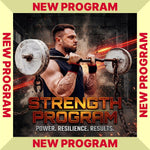 Man lifting a barbell with fiery background and 'Strength Program' text (Torokhtiy Weightlifting)