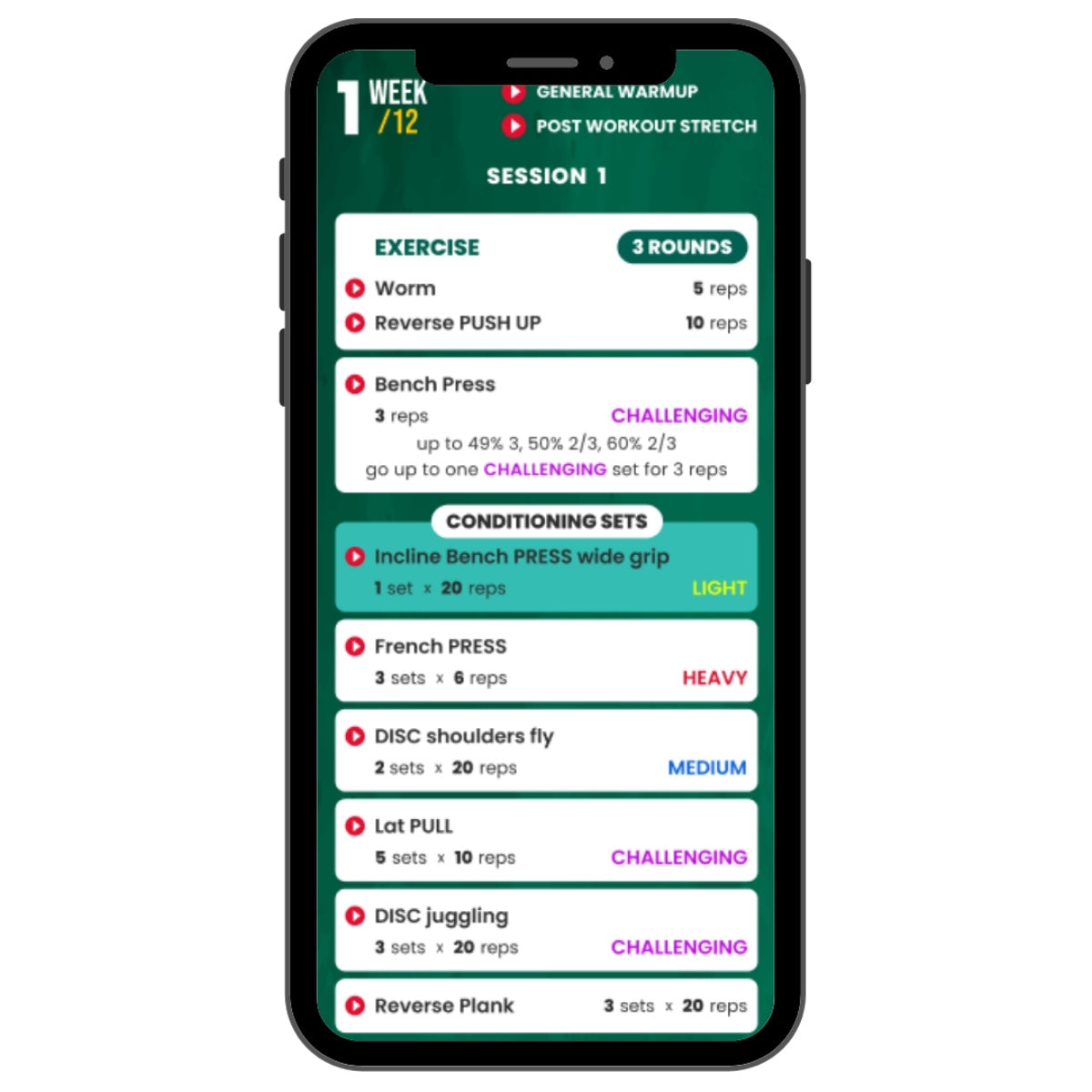 Phone displaying a Strngth Program with exercise routines on a white background (Torokhtiy Weightlifting)