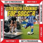 Advertisement for strength training programs for soccer featuring two men, one lifting weights and the other playing soccer - Torokhtiy Weightlifting