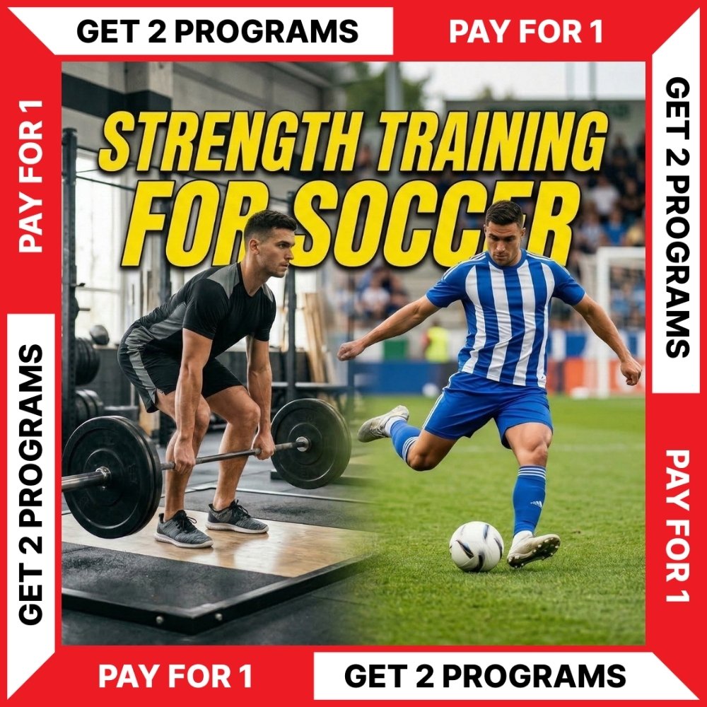 Advertisement for strength training programs for soccer featuring two men, one lifting weights and the other playing soccer - Torokhtiy Weightlifting