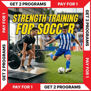 Advertisement for strength training programs for soccer featuring two men, one lifting weights and the other playing soccer - Torokhtiy Weightlifting