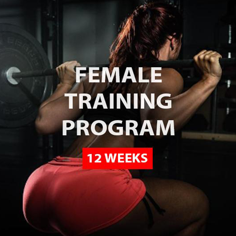 A woman lifting a barbell with the text 'FEMALE TRAINING PROGRAM 12 WEEKS' overlaid.