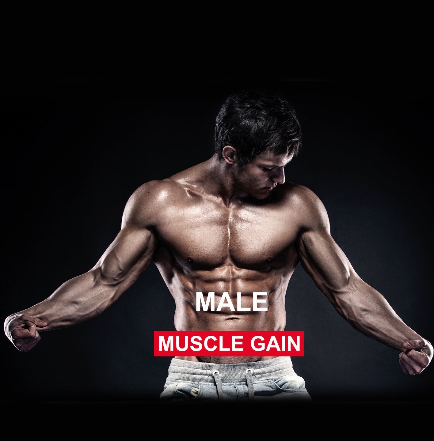 A muscular male figure with a shirtless torso highlighting a muscle gain product, with the text 'MUSCLE GAIN' across the lower part of the image.