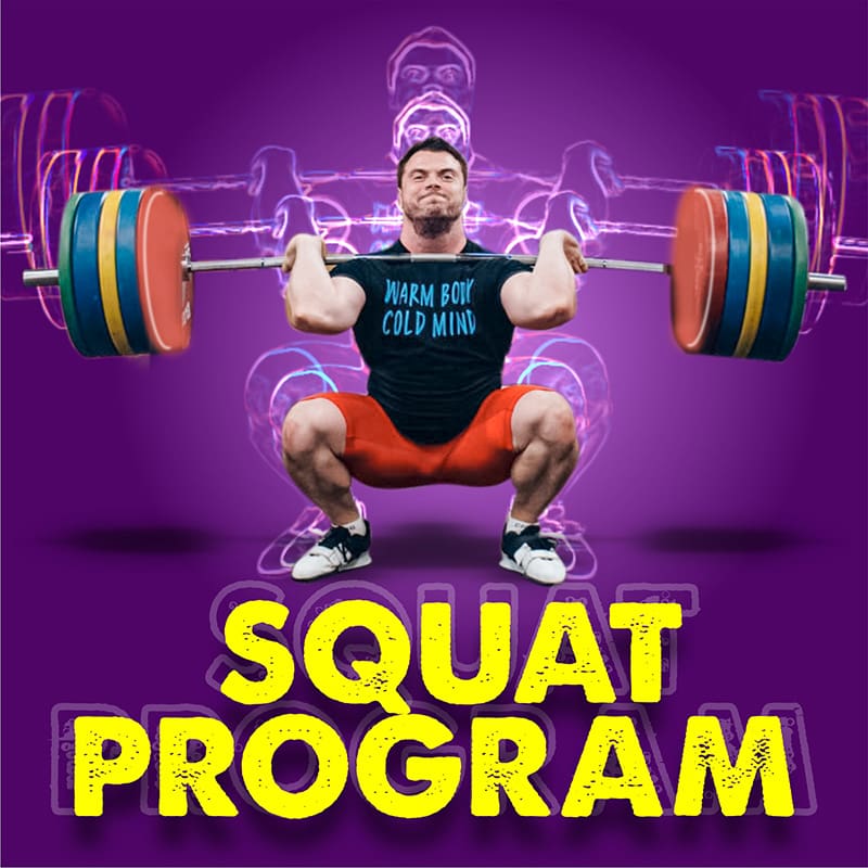 Cover for a squat program featuring a man performing a squat with a barbell, surrounded by graphical elements like muscles and energy symbols, with text overlaying the image. (Torokhtiy Weightlifting)